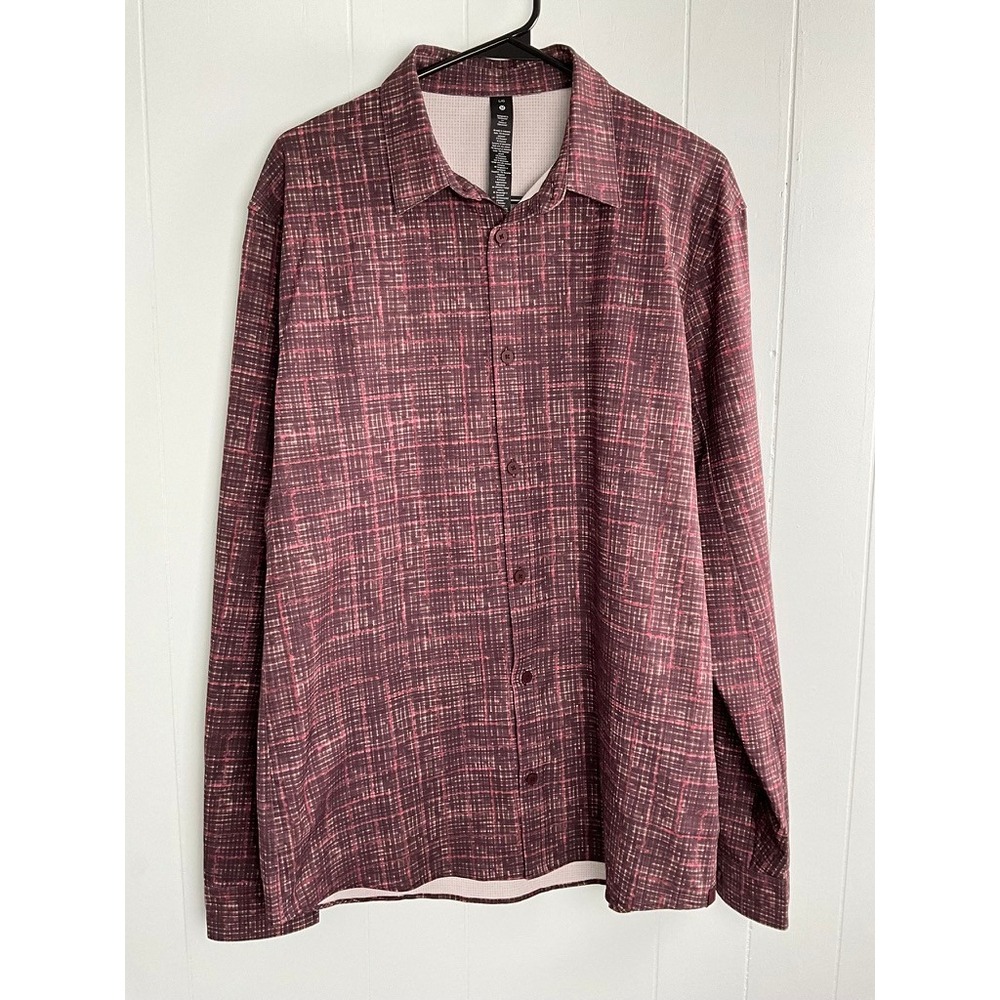 Lululemon Mens Commission Long Sleeve Button Down Shirt Maroon Grid LM3DBMS L/G‎